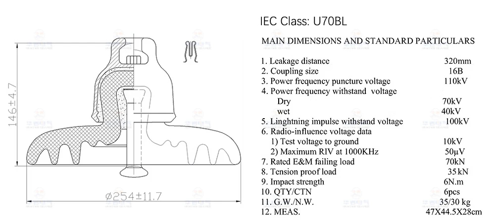 U70BL 11kV 33kV disc insulator technical drawing specifications