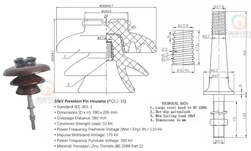 33kv porcelain pin insulator drawing