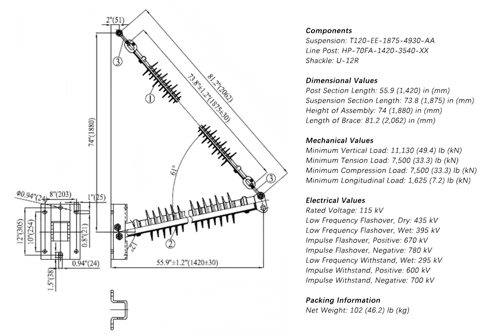 115 kV Braced Post Insulator Technical Drawing and Specifications